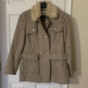 Jessica Simpson Tan Tweed Wool Blend Winter Coat With Cream Faux Fur Collar- M